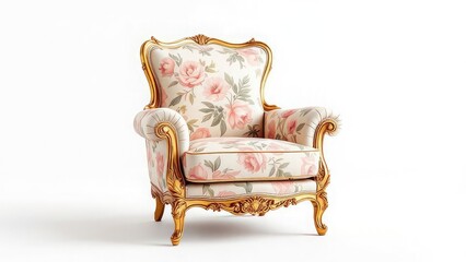 Ornate armchair with floral pattern and gold trim sitting on a white surface in a studio setting