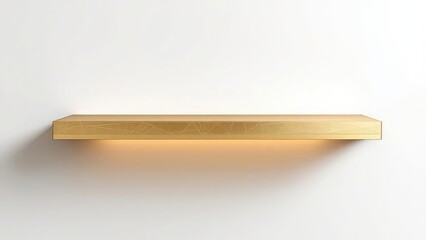 A simple golden shelf mounted on a white wall casting a subtle shadow in a minimalist style image