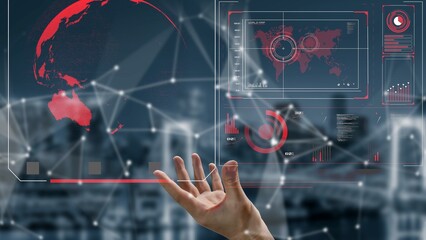 High-tech global network connection interface showing worldwide digital communication, data exchange, and internet connectivity. Global connection, data interaction, and worldwide communication. Thunk