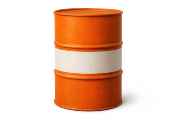 Orange industrial metal barrel with blank label positioned vertically, isolated for design mockups and graphic composition