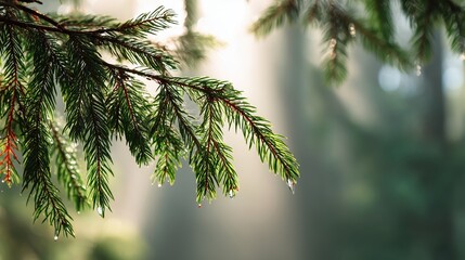 Obraz premium Close-up of redwood pine Delicate evergreen branches illuminated by soft sunlight in a tranquil forest setting.