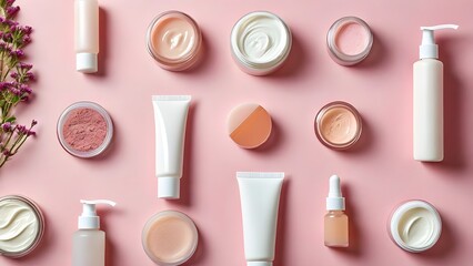 Facial makeup, skincare items, organic cosmetics, flat design on a pink backdrop

