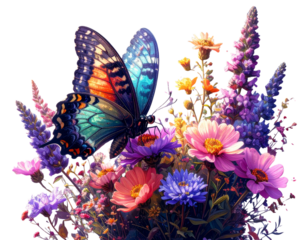 PNG Lush Butterfly on Blooming Wildflowers Botanical 3D Render
