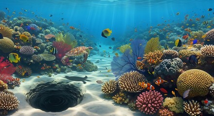 Vibrant Underwater Ecosystem A Turtle's Journey Amidst Coral Reefs And Fish