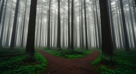 Obraz premium A Mystical Forest Path Disappearing Into Dense Fog Creating an Ethereal Landscape
