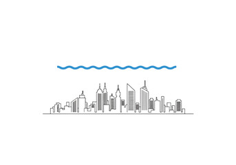 Obraz premium Minimalist line art illustration of a city skyline with a wavy blue line above, suggesting water or a horizon.