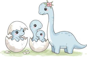 Cute baby dinosaurs hatching from eggs with mother