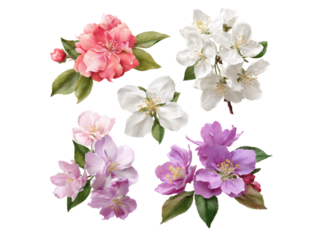 Delicate apple blossoms pink white purple floral collection, Isolated On White Background, Png Transparent