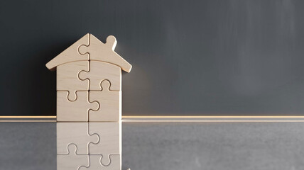 A house-shaped puzzle made of wood pieces leaning against a dark gray wall with a reflective floor