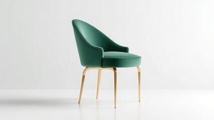 A studio shot of a green velvet upholstered chair with gold legs against a white background space for design