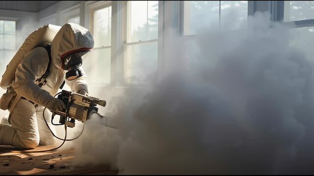 Protective worker kneeling and spraying disinfectant fog across wooden floor inside bright interior with windows