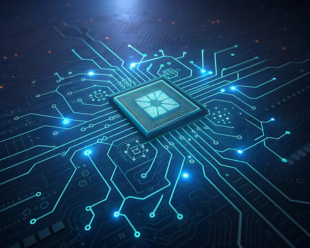 A digital blueprint of a futuristic blue circuit board with a processor shows a high-tech network design for data communication