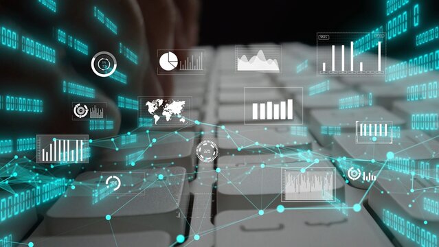 This image illustrates a modern data analysis environment with graphs, charts, and binary elements overlaying a keyboard, symbolizing business insights and technology. Xenic
