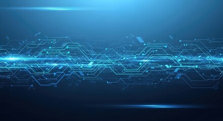 Dynamic blue circuit board design with glowing elements for modern tech