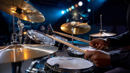 Dynamic Drummer Captured in Motion with Glowing Cymbals