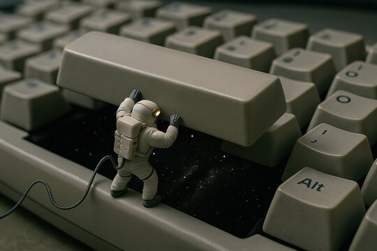 Miniature astronaut lifting spacebar key on vintage keyboard revealing starry galaxy underneath in surreal sci fi concept art