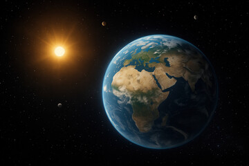 Fototapeta premium Planet earth illuminated by sunlight with visible continents and surrounding moons in detailed outer space scene