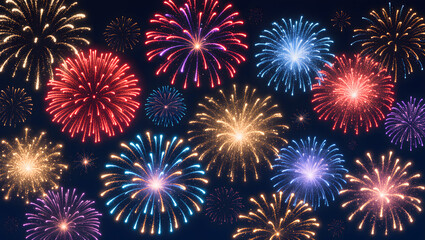 Fototapeta premium Seamless pattern of vibrant fireworks bursting in the night sky, glowing sparks in red, blue, gold, and purple, perfect as a festive background