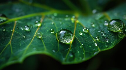 Macro of water droplets clinging to leaf Close-up of a leaf with water droplets reflecting light and enhancing its natural texture.