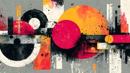 A bold dynamic abstract composition featuring a mix of geometric shapes vibrant colors and textural elements inspired by urban and musical elements