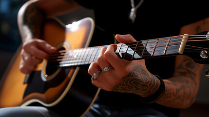 Fototapeta premium Tattooed Musician Strumming Guitar with Gleaming Metal Strings
