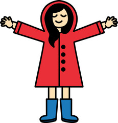 A girl in a red raincoat holding her arms up