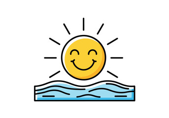 A cheerful, smiling sun rising or setting over gentle blue waves on the water.