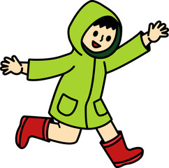 A cartoon child in a green raincoat and red boots is running
