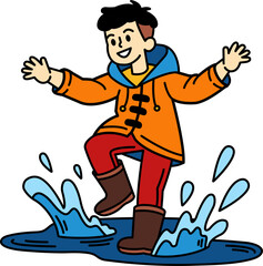 A boy is standing in a puddle