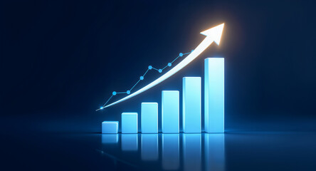3D White Bar Graph with Upward Arrow and Glowing Lines on Dark Blue Background
