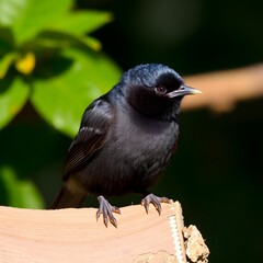 Obraz premium Dark Bird Perched with Green Background