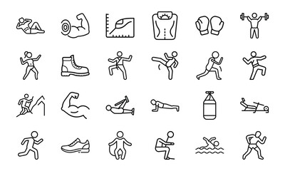 Fitness and Workout Line Icons Set Exercise, Gym Training, Weightlifting, Yoga, Martial Arts, Boxing, Running, Swimming, Sports and Healthy Lifestyle Vector Illustrations
