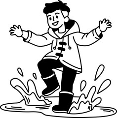 black and white illustration of a boy is standing in a puddle