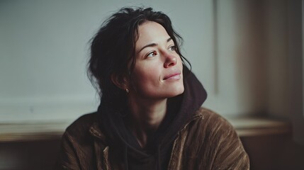 Thoughtful Woman Gazing Out Window in Casual Hoodie and Jacket