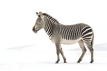 Naklejka premium A striking black and white striped zebra stands isolated against a pristine white background