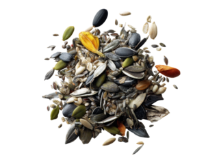 A colorful mix of bird seeds isolated on black background, Isolated On White Background, Png Transparent