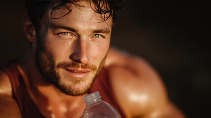 Athletic Man Hydrating After Intense Workout at Sunset