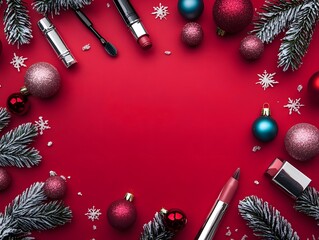 Festive Christmas Makeup Flatlay Red Background Cosmetics