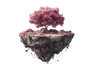 Pink cherry blossom tree on a floating rock island, Isolated On White Background, Png Transparent