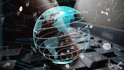 A captivating digital globe rests on a keyboard, surrounded by floating technology icons representing global connectivity, data analysis, and modern business innovation. Xenic