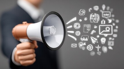Dynamic businessman broadcasting vital business information and marketing concepts with a modern megaphone and glowing social media icons