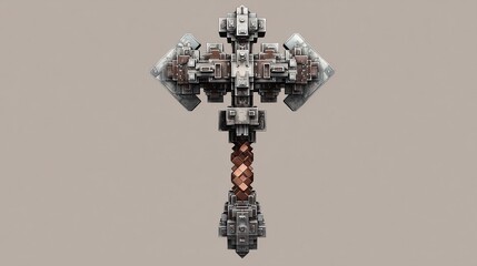 A large, double-headed battle-axe with a complex, blocky design, rendered in muted greys, silvers, and browns. The twisted handle adds to the weapon's imposing, ornate appearance