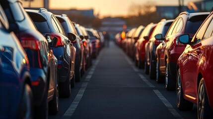 Obraz premium Cars parked in a long row at sunset