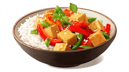 Tofu and pepper stir-fry served over rice in a bowl