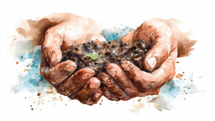 Vector illustration, hands hold the soil. Two hands gently hold the soil. Watercolor