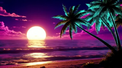 Retro neon beach sunset motion video palm trees swaying with waves crashing gently - Powered by Adobe