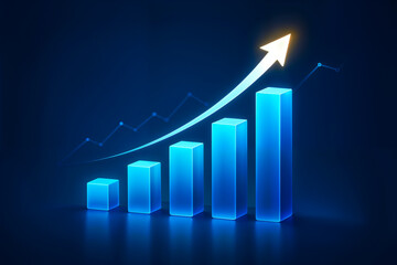 3D White Bar Graph with Upward Arrow and Glowing Lines on Dark Blue Background
