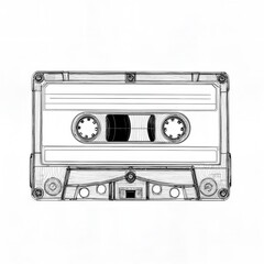 Obraz premium A 2D black and white line drawing of a vintage cassette tape with a high level of detail. 