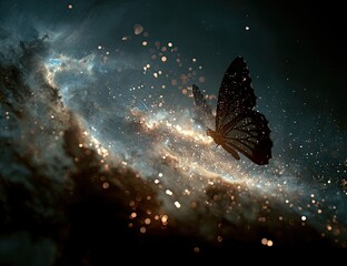 Dark butterfly soars through a nebula of glittering stardust