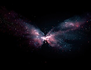 A vibrant cosmic butterfly nebula, with swirling, scattered, colorful stars and gas clouds against a black backdrop